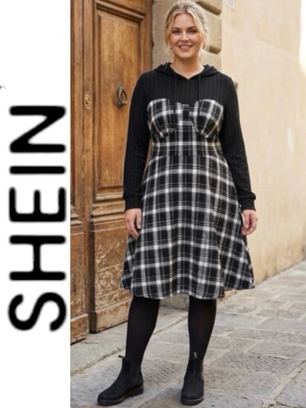 4X SHEIN Curve Flannel Plaid Hoodie Skater Dress
